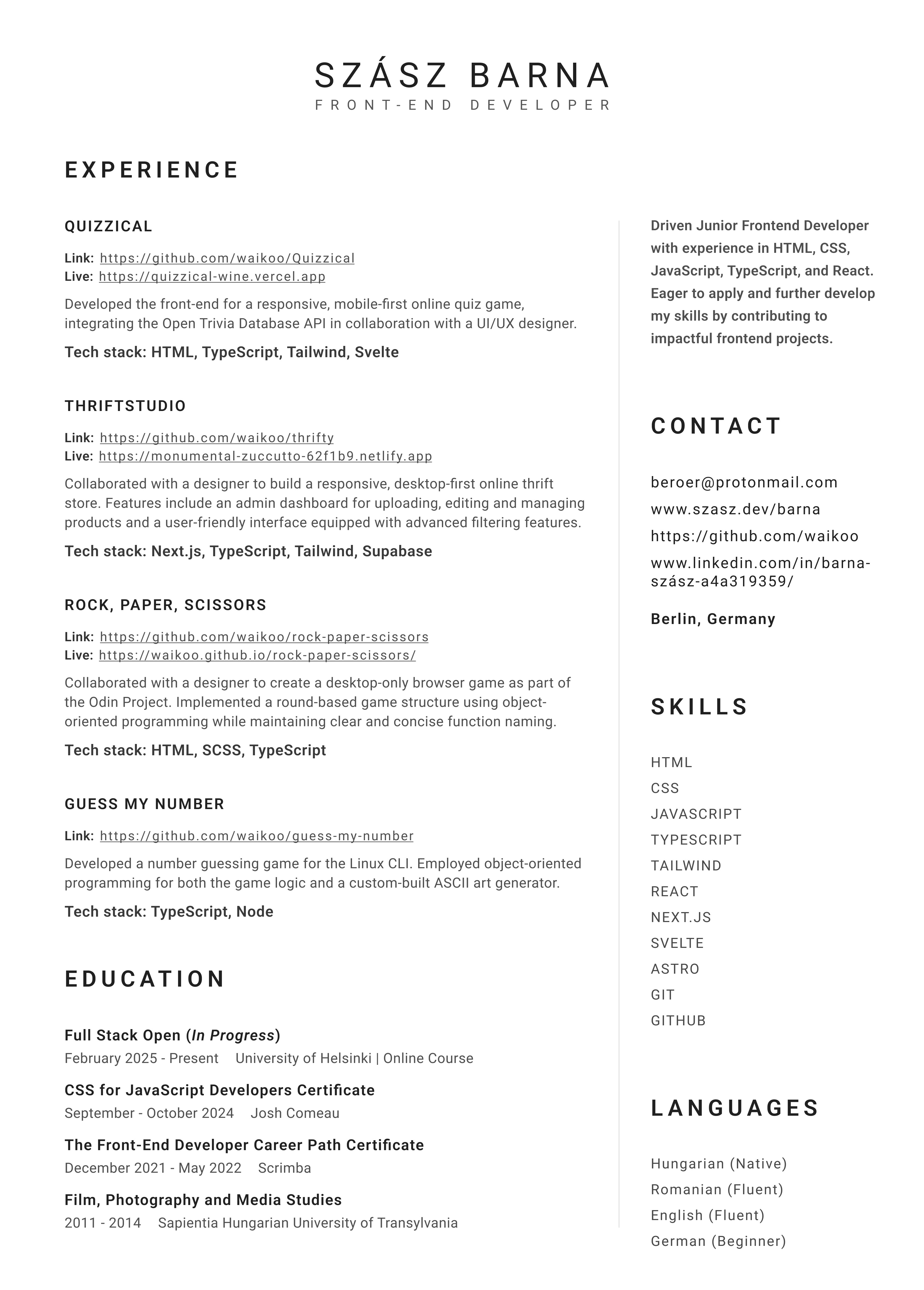 Szász Barna's CV